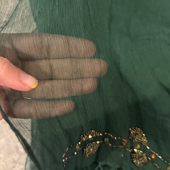 Sue Wong 100% Silk Scarf Dress Green Gold Sheer Shawl Hand Beaded Jewel Large #2 - Picture 4 of 14